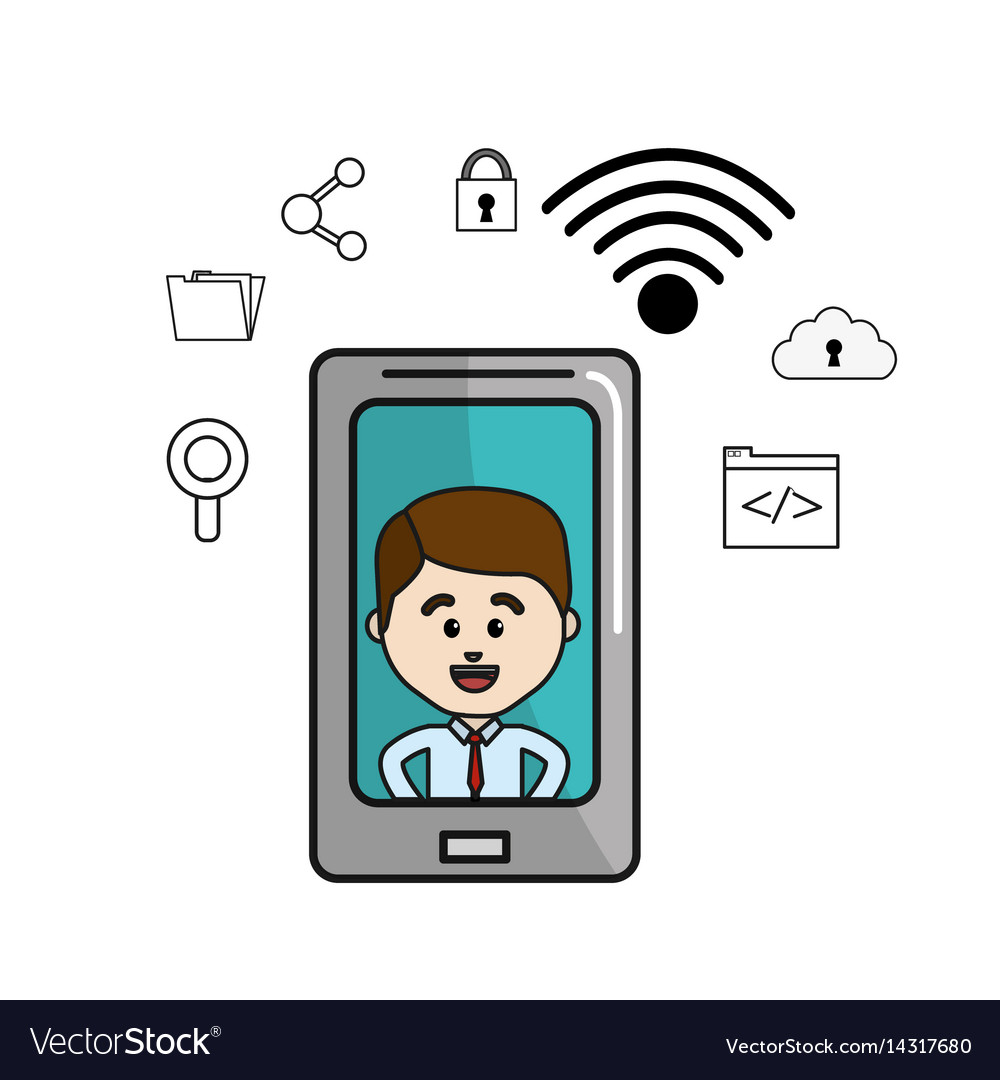 Man inside of smartphone and technology icons