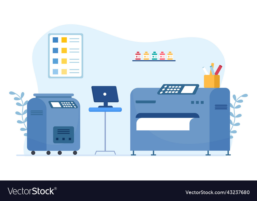 Print shop with production process at printing vector image Print shop with production process at printing
