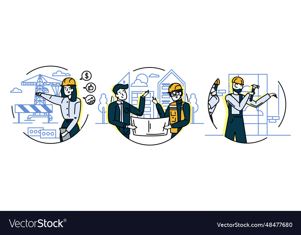 Set of different workers building house yong