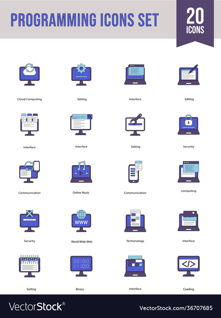 20 programming icon set in blue and white color vector image 20 programming icon set in blue and white color