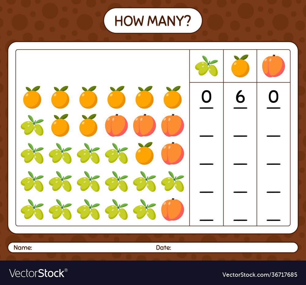 How many counting game with fruit worksheet vector image How many counting game with fruit worksheet