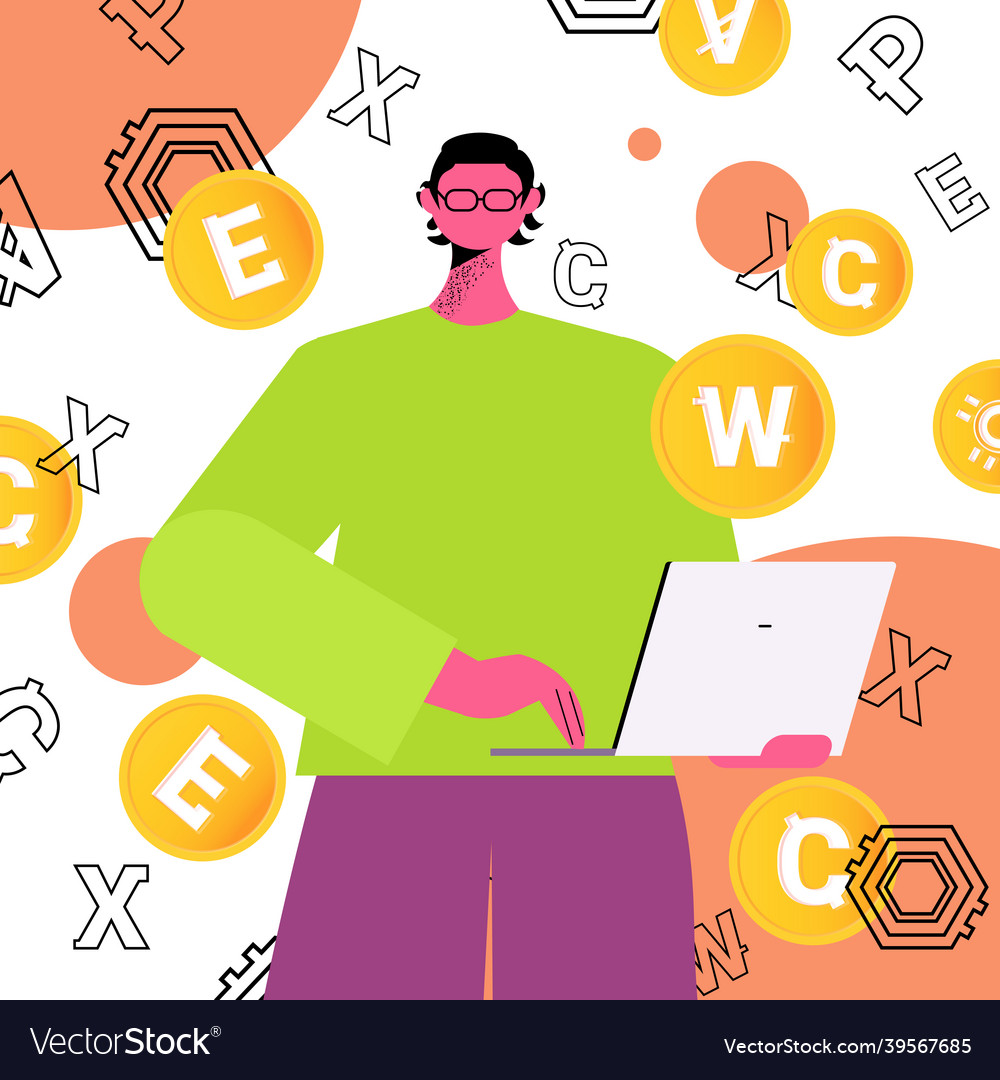 Man using cryptocurrency mining application vector image Man using cryptocurrency mining application