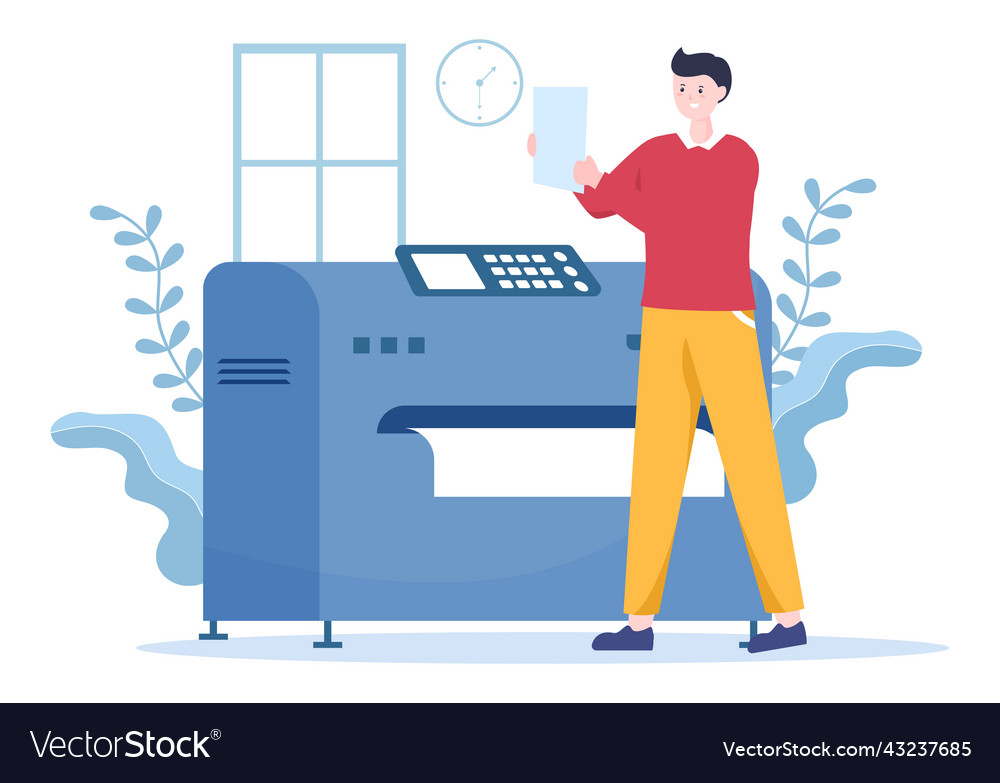 Print shop with production process at printing vector image Print shop with production process at printing