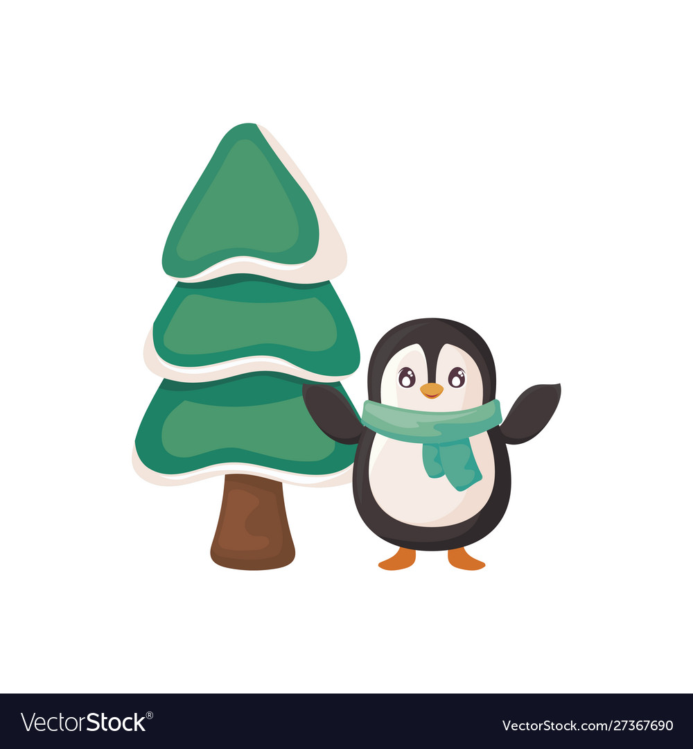 Penguin with scarf and christmas tree on white