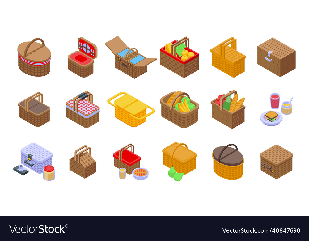 Picnic Basket Icons - Isometric Style
