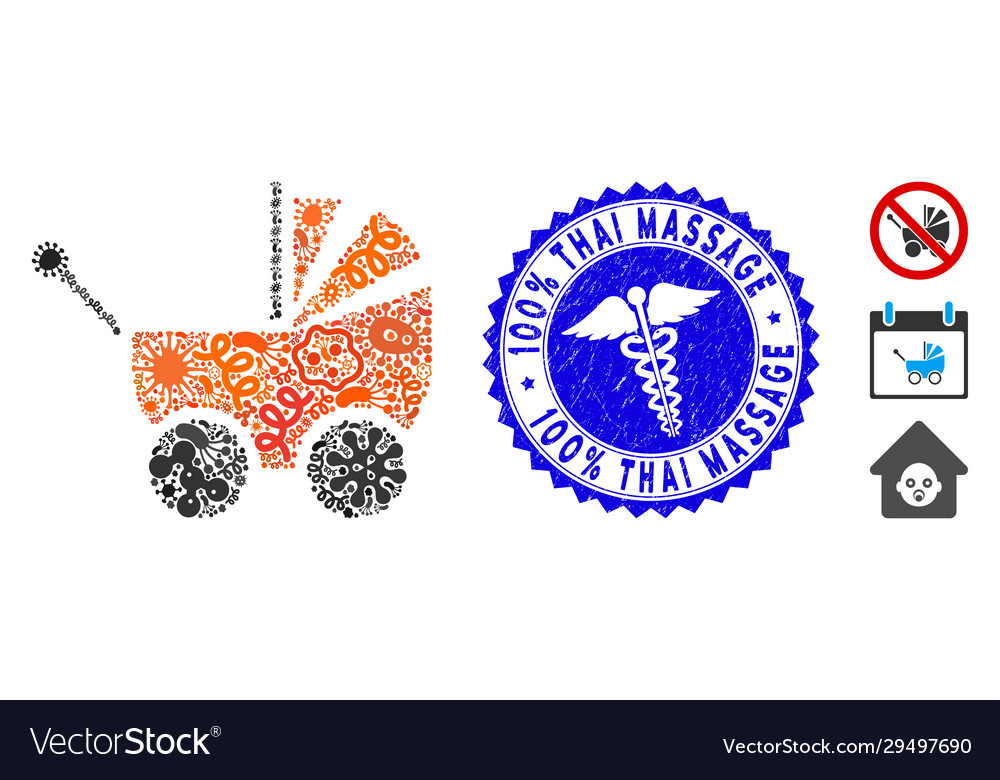 Viral collage baby carriage icon with clinic