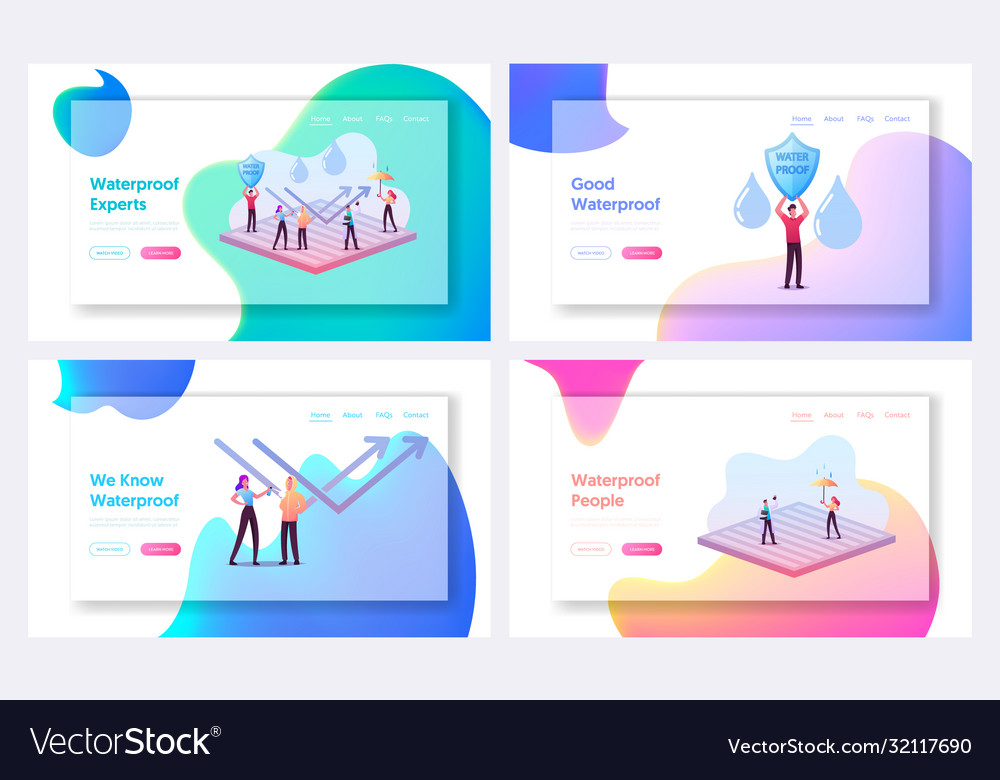 Waterproof clothes landing page template set tiny vector image Waterproof clothes landing page template set tiny