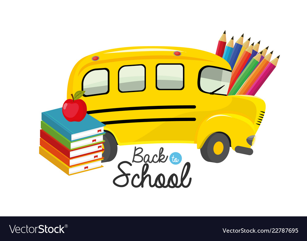 School bus with books and pencils colors