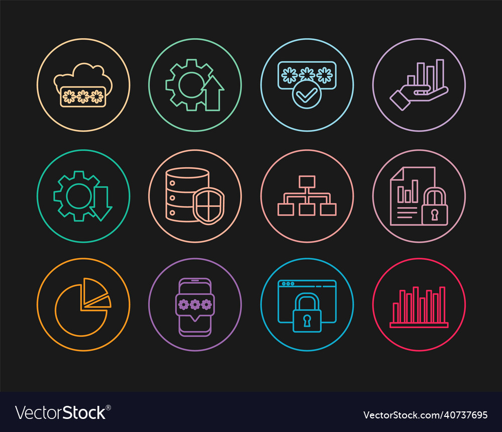 Set line pie chart infographic document and lock vector image Set line pie chart infographic document and lock