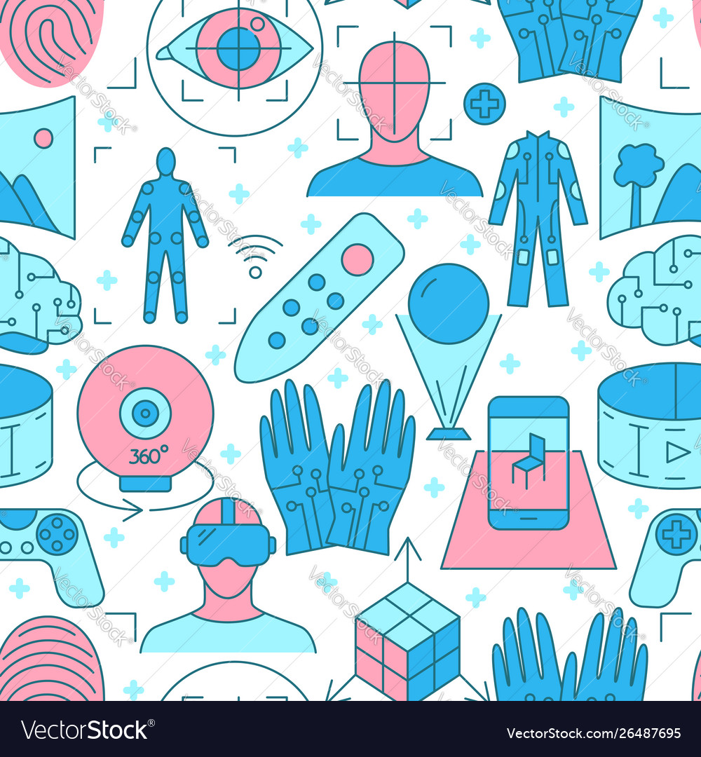 Virtual reality seamless pattern in colored line vector image Virtual reality seamless pattern in colored line