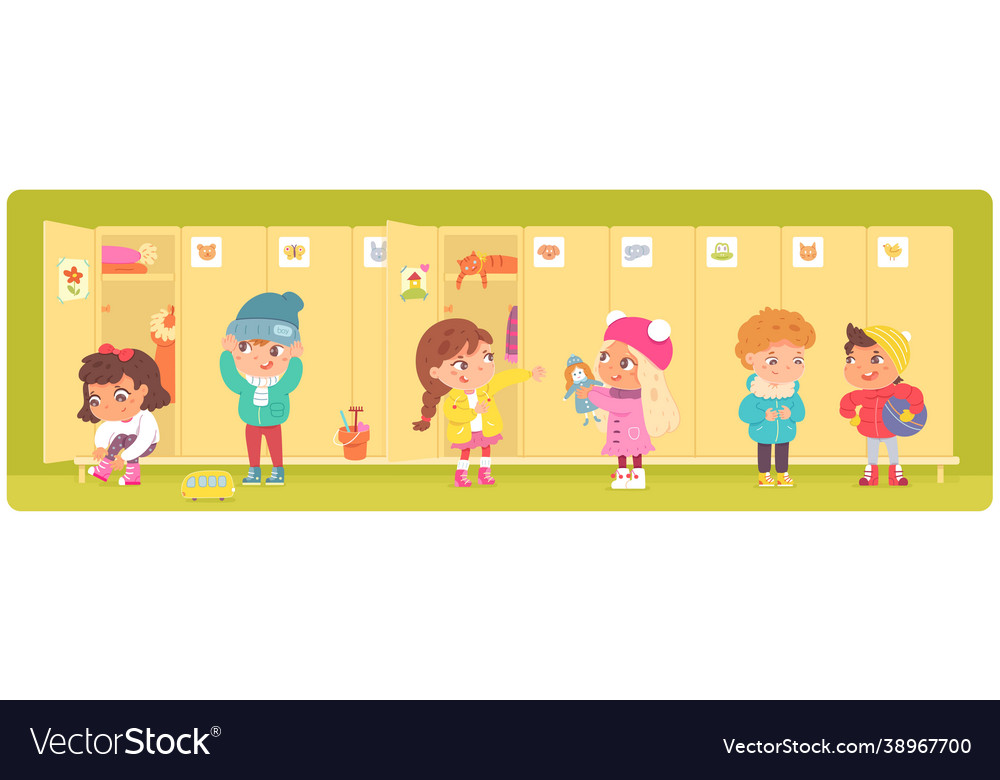 Kids changing clothes at lockers in kindergarten vector image Kids changing clothes at lockers in kindergarten