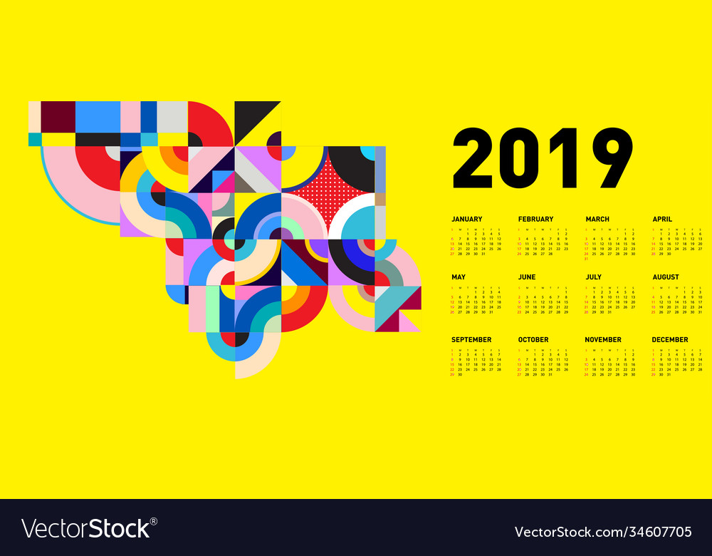 2019 calendar design template with colorful