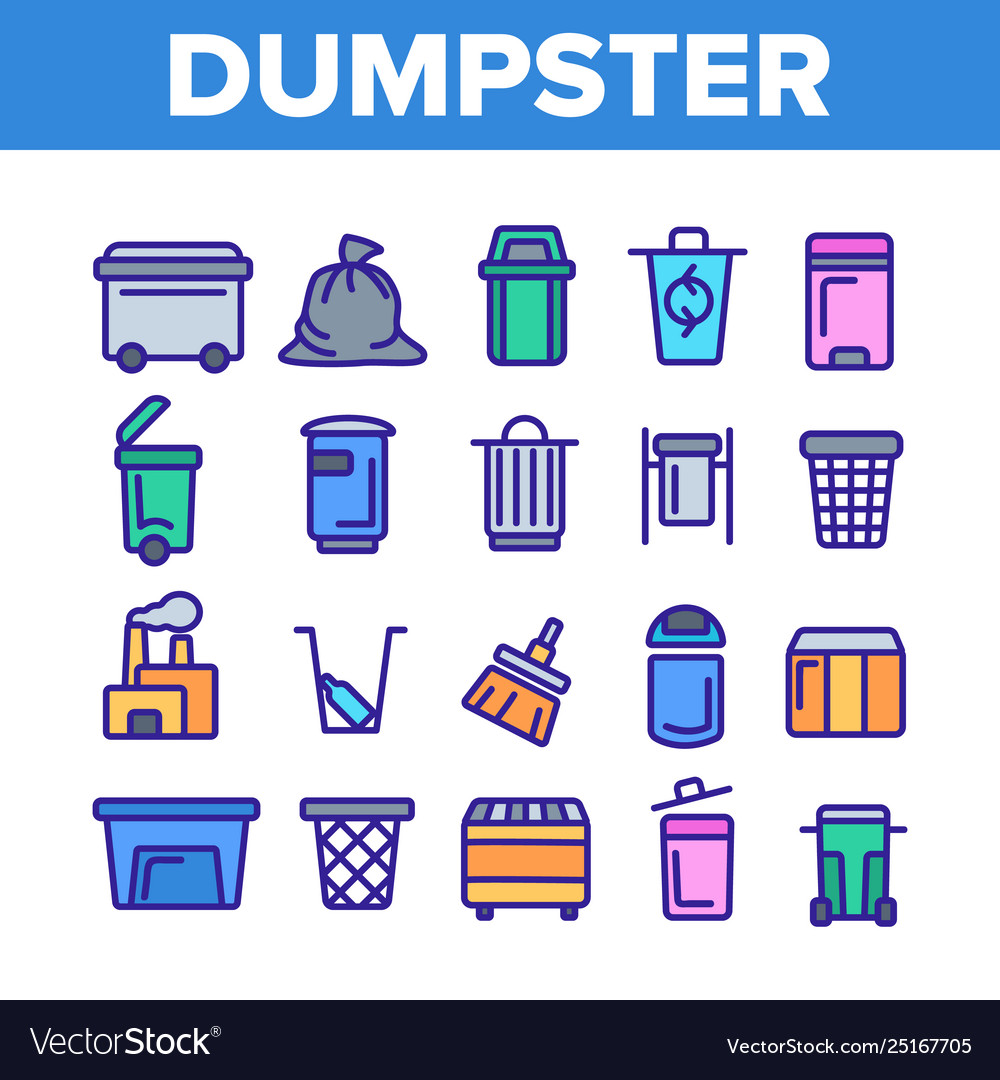 Dumpster garbage container thin line icons set vector image Dumpster garbage container thin line icons set