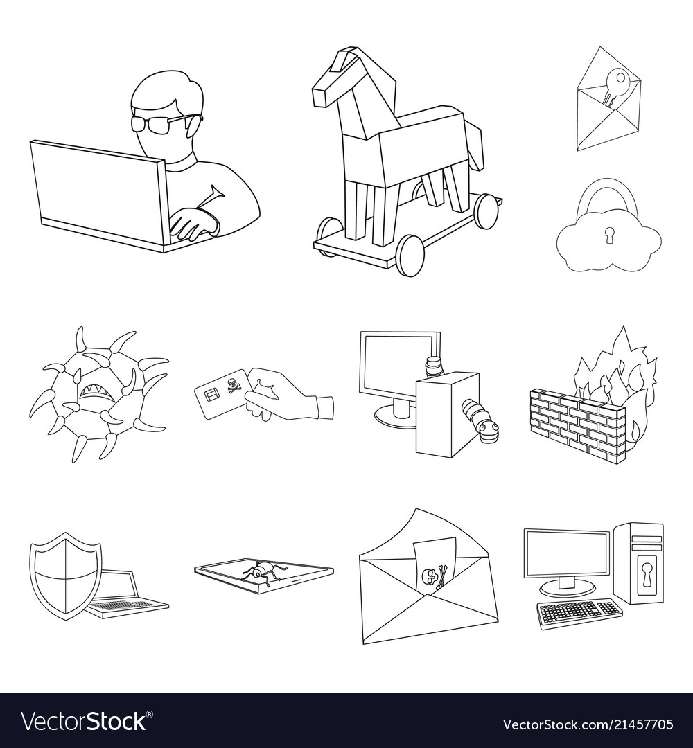 Hacker and hacking outline icons in set collection vector image Hacker and hacking outline icons in set collection