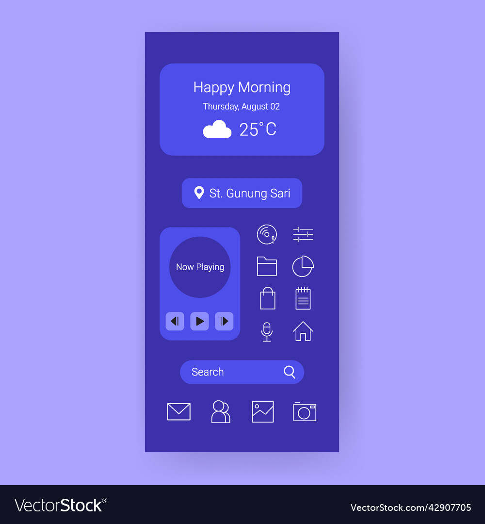 Purple user interface home screen mobile app