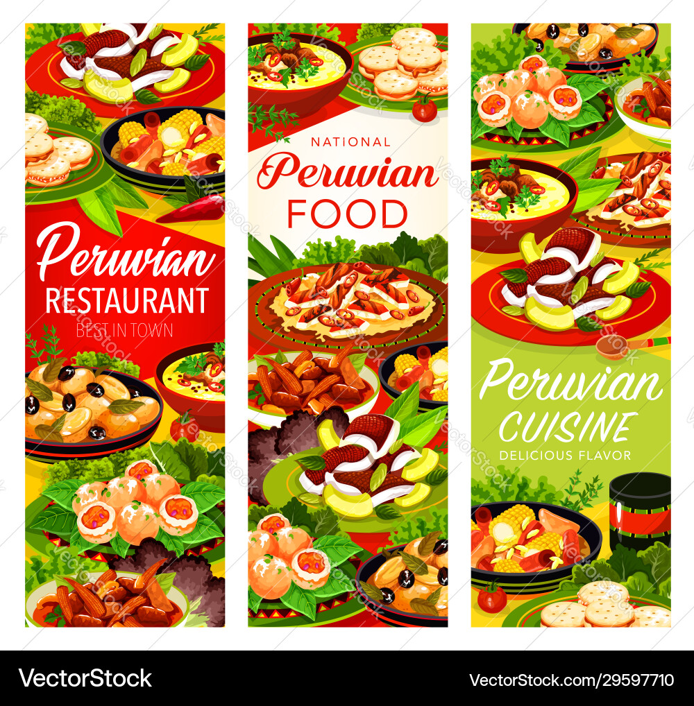 Peruvian fish meat vegetable dishes with cookies Vector Image