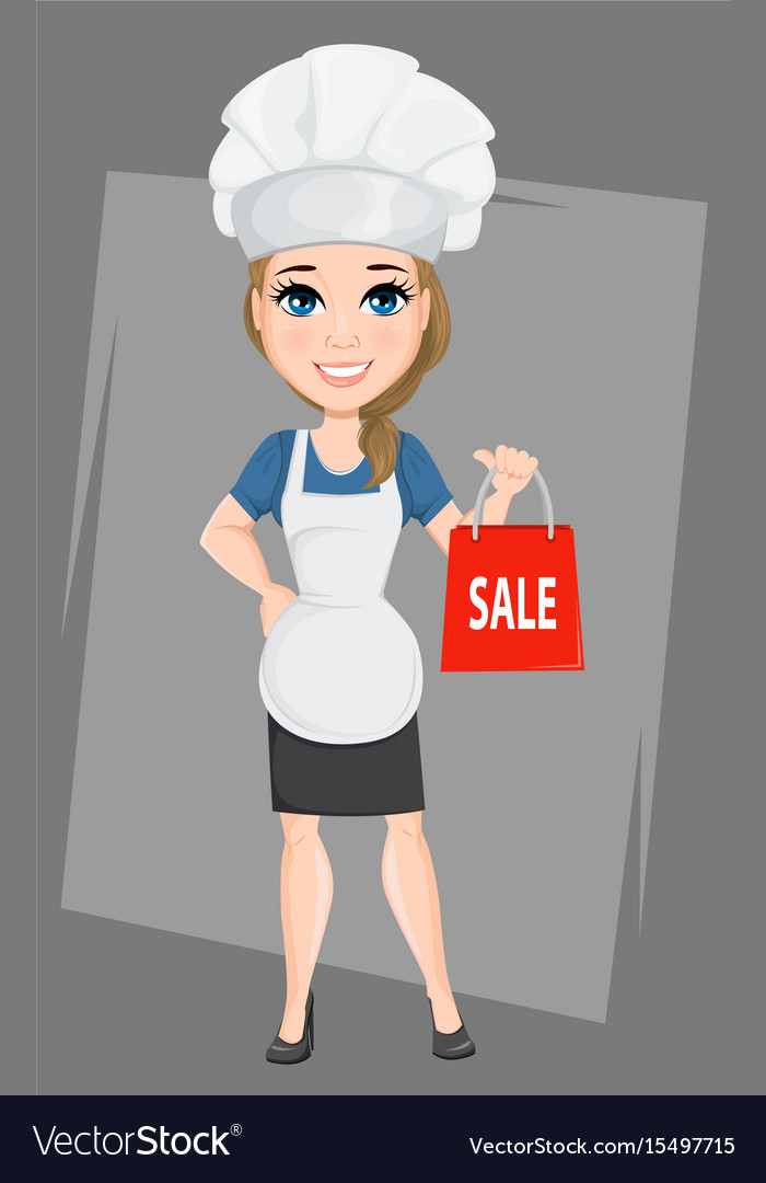 Chef woman holding paper bag for sale cute