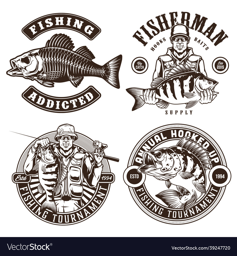 Fishing monochrome vintage emblems Royalty Free Vector Image