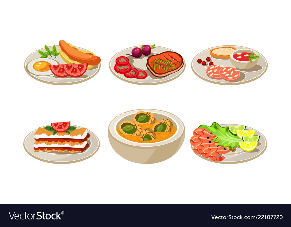 Flat set appetizing dishes plates Royalty Free Vector Image