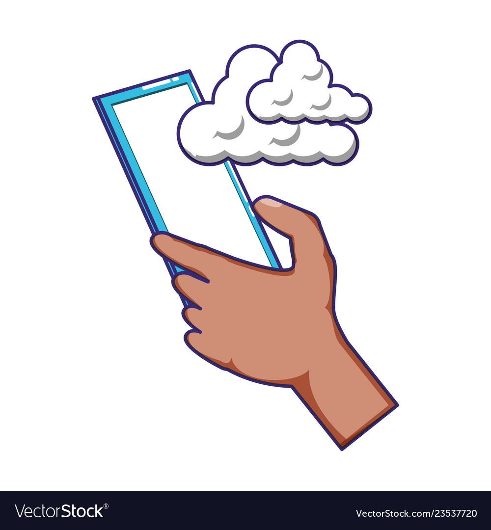Hand using smartphone with clouds