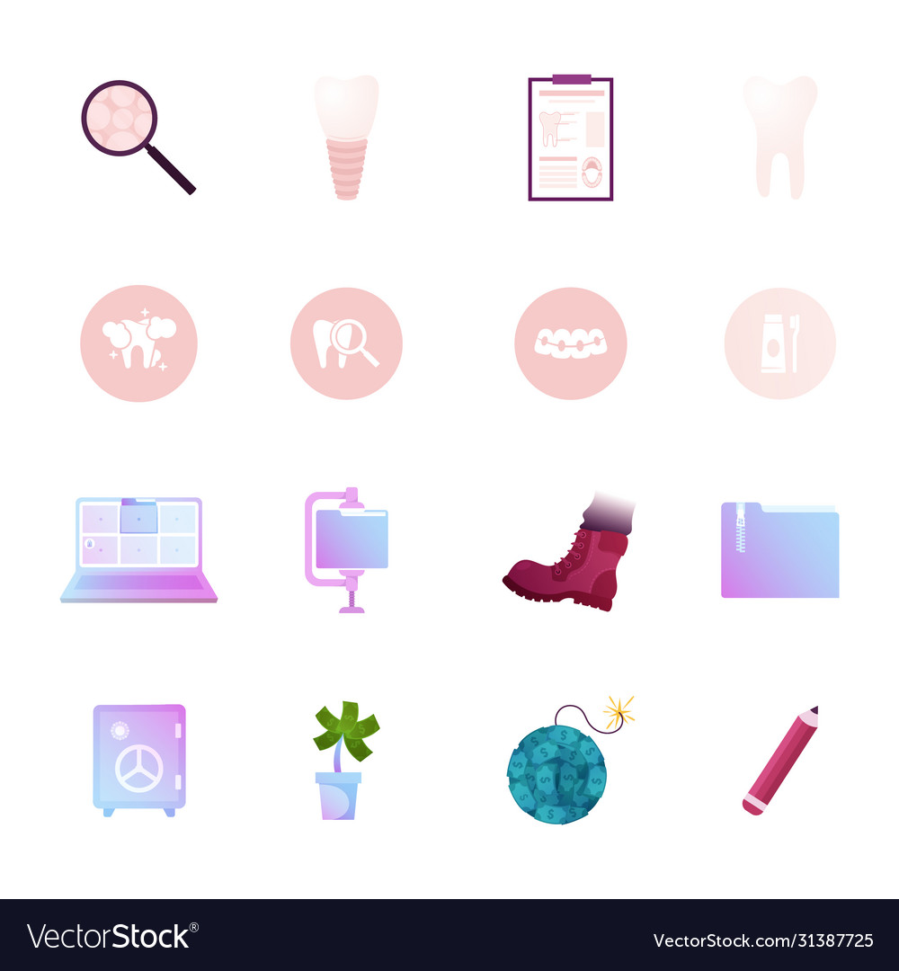 Icons set teeth magnifier and laptop folder