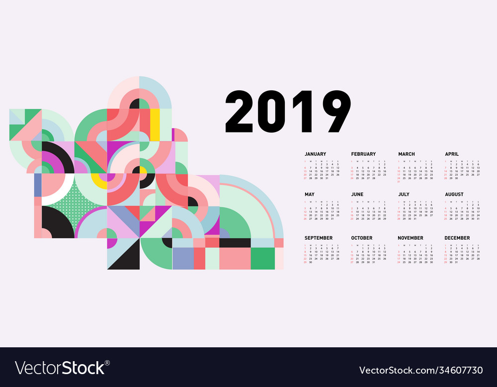2019 calendar design template with colorful Vector Image 2019 calendar design template with colorful