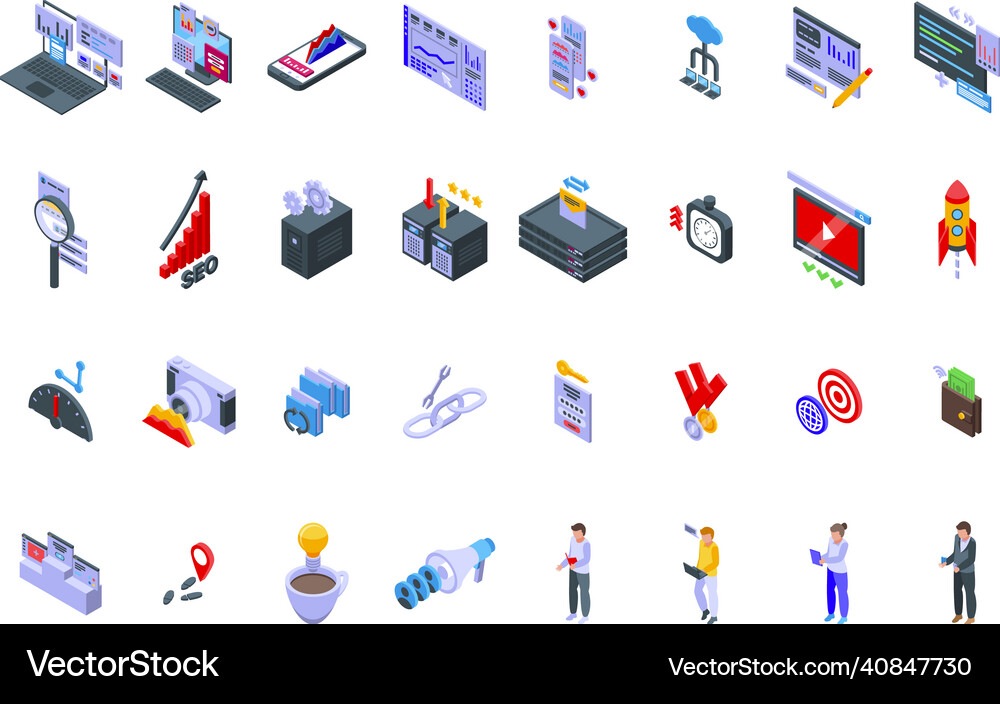 Search engine optimization icons set isometric Vector Image
