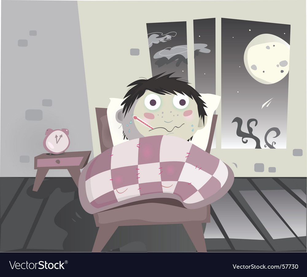 Steve is ill in bed. Ill boy illustration.