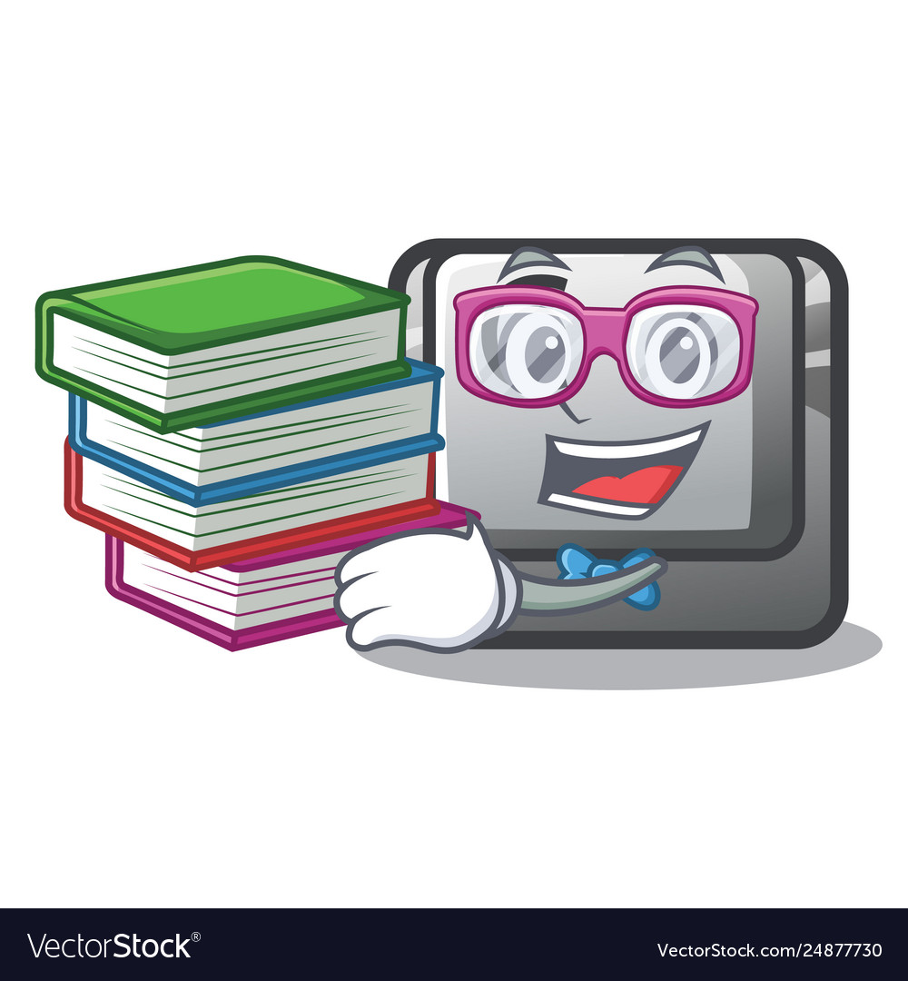 Student with book button c installed on cartoon