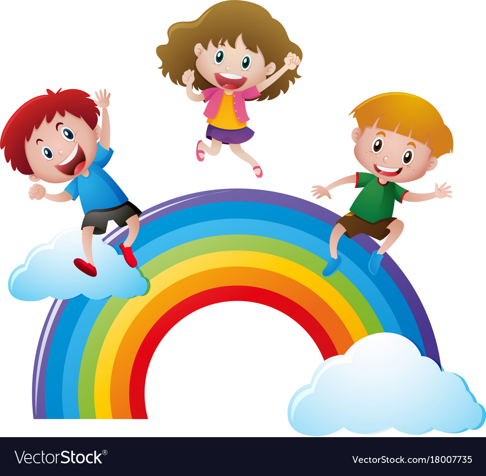 Happy children on colorful rainbow Royalty Free Vector Image