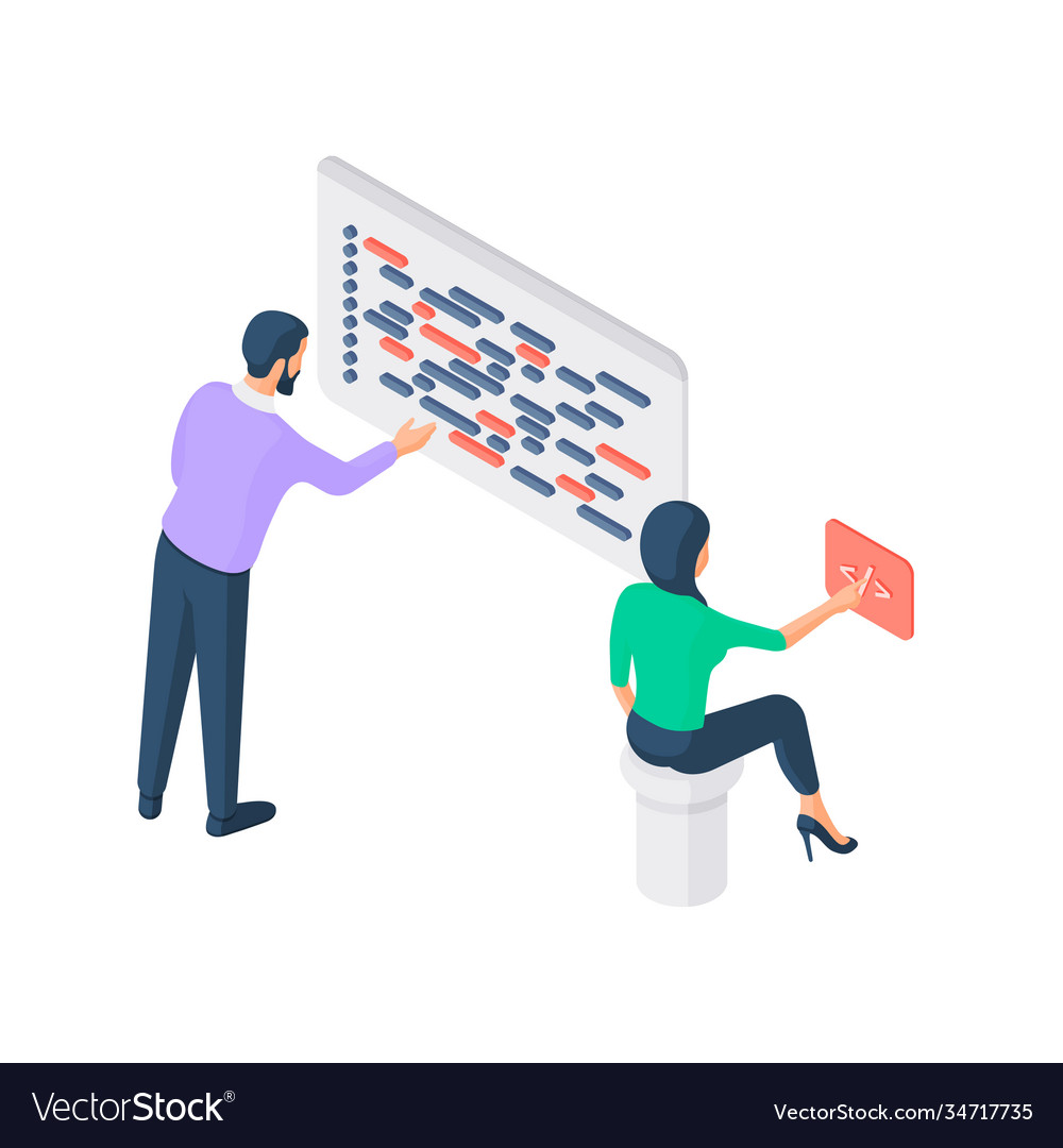 Man and woman writing program code together vector image Man and woman writing program code together