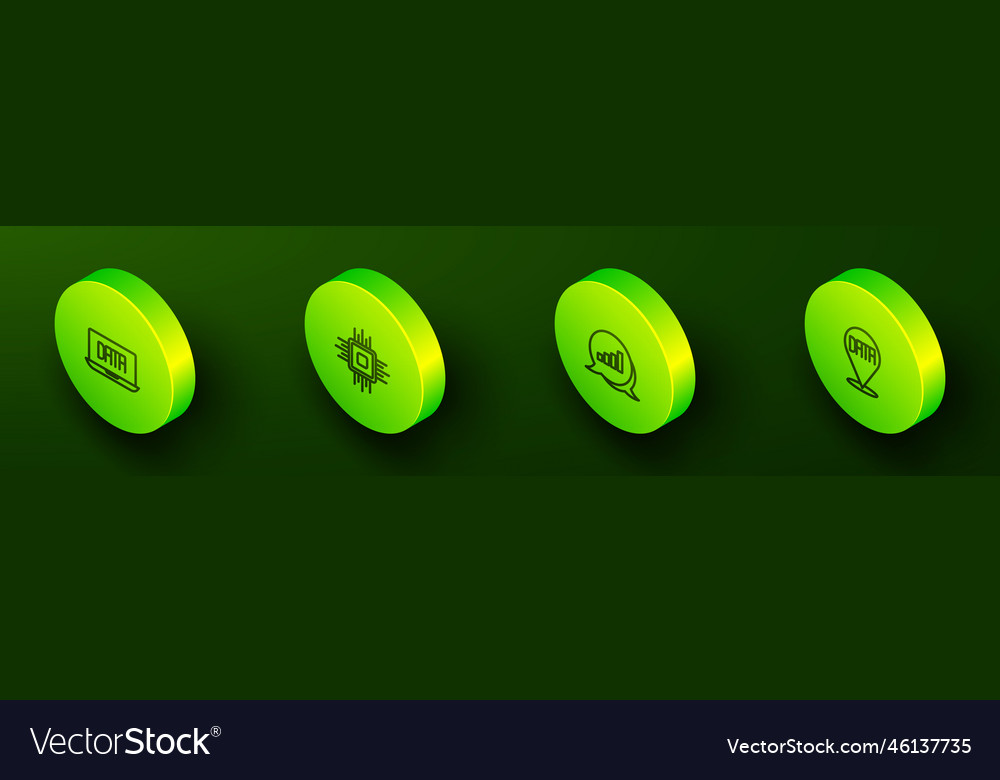Set isometrische Zeilendatenanalyseprozessor cpu vector image Set isometrische Zeilendatenanalyseprozessor cpu
