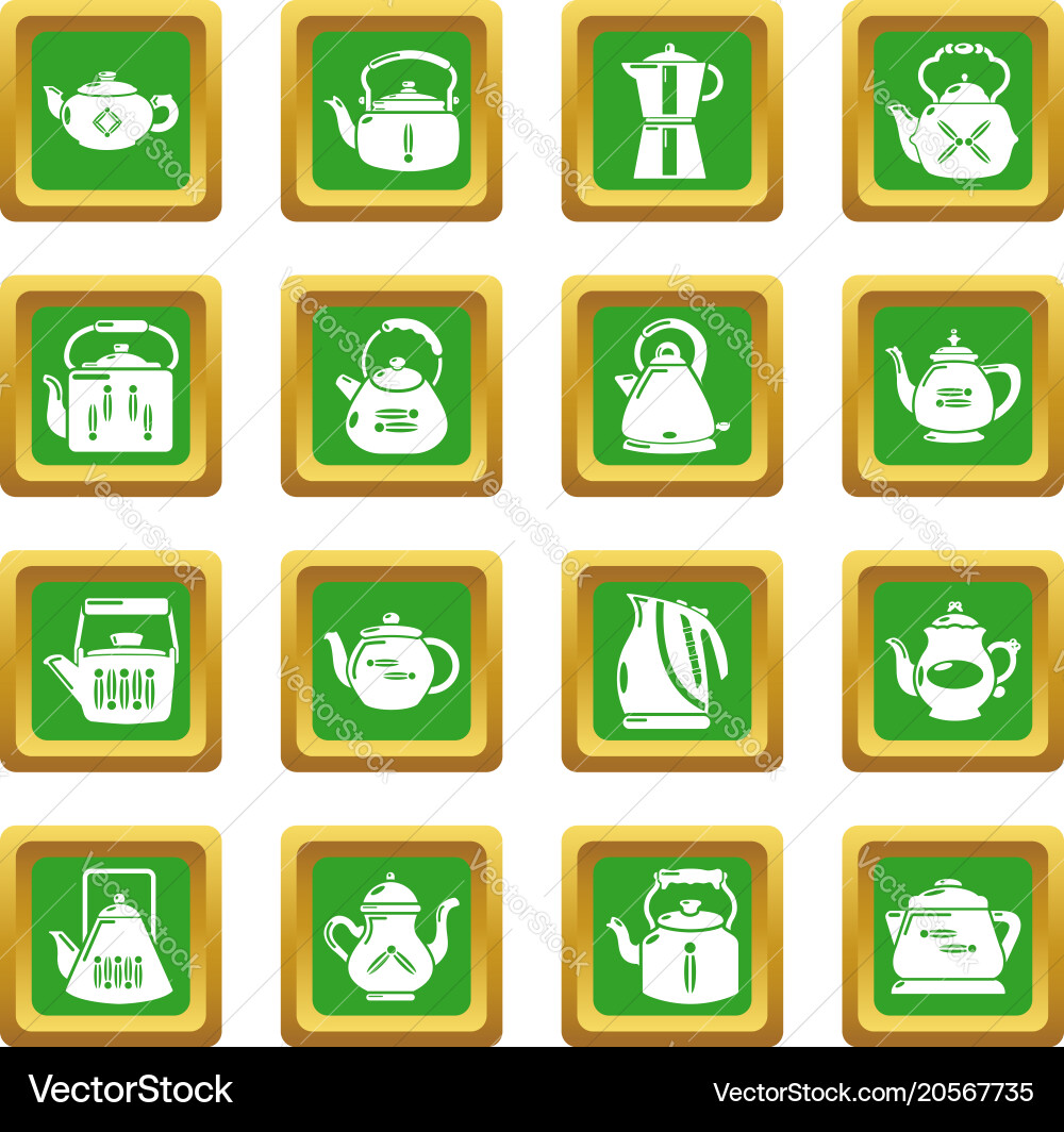 Teapot icons set green square Royalty Free Vector Image