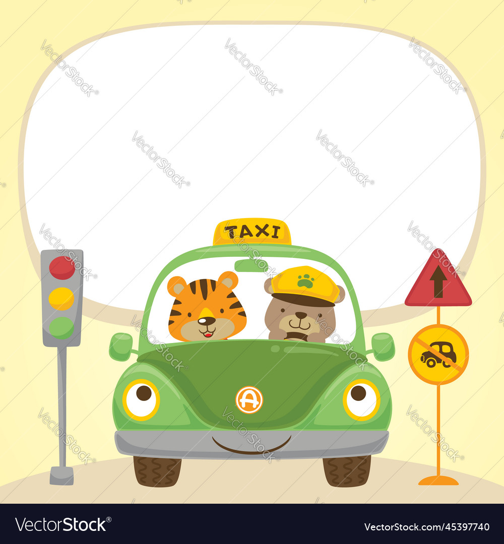 Cartoon of bear and tiger on car with traffic