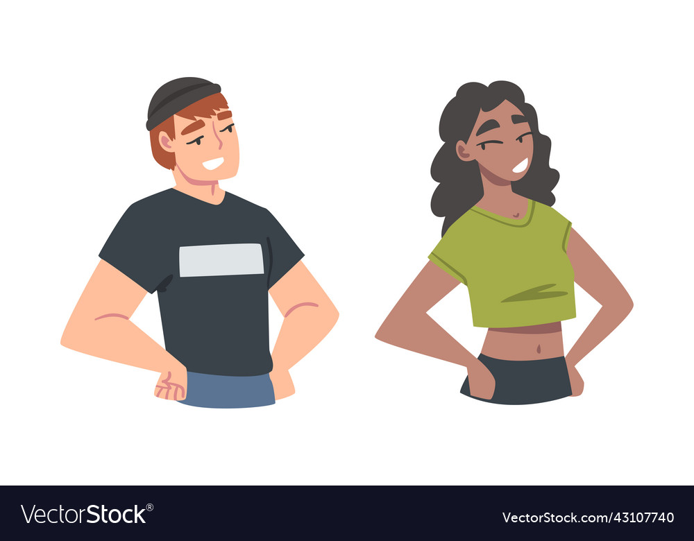 Confident Young Man And Woman Standing With Hands Vector Image