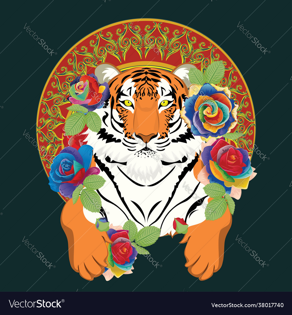 Red tiger with roses