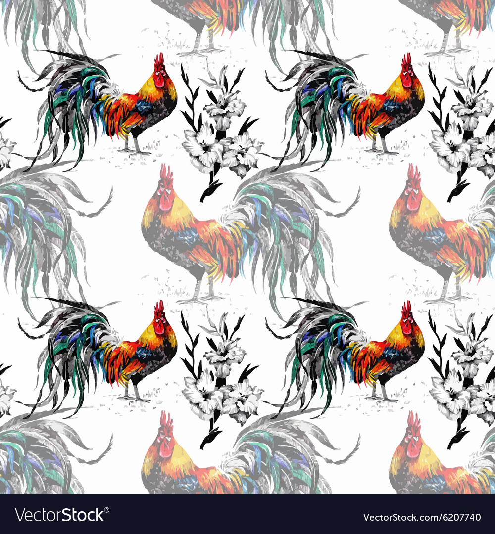 Seamless watercolor pattern with farm roosters