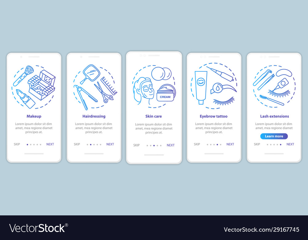 Beauty salon services blue onboarding mobile app