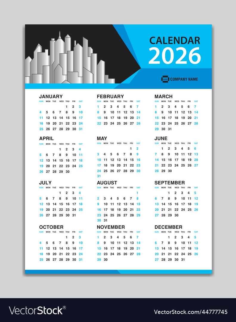 Calendar 2026 template wall year Royalty Free Vector Image