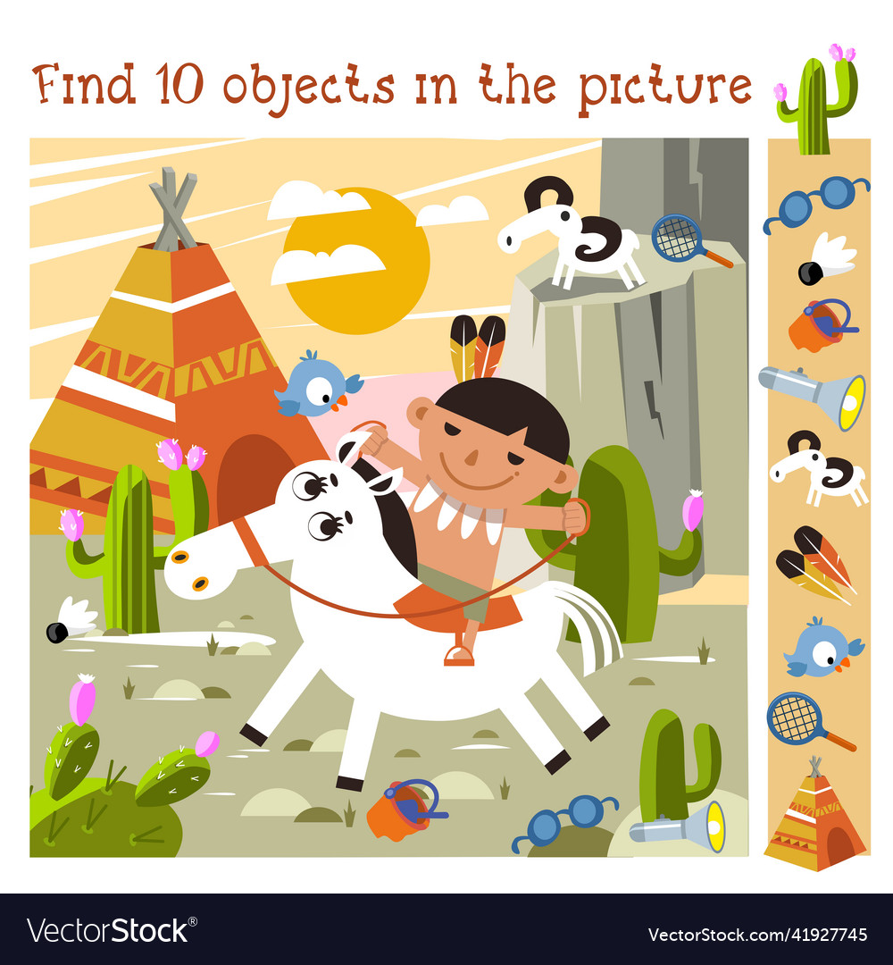 Funny red indian boy rides horse find 10 items Vector Image Funny red indian boy rides horse find 10 items Vector Image