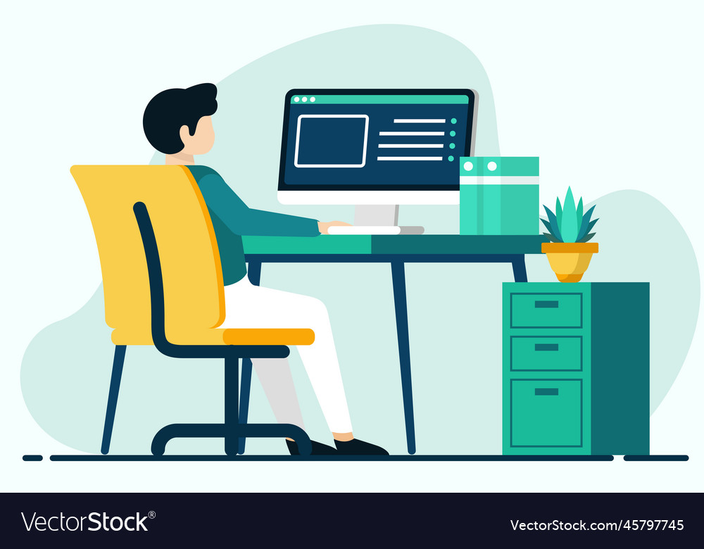 Man working on computer in flat style work Vector Image Man working on computer in flat style work