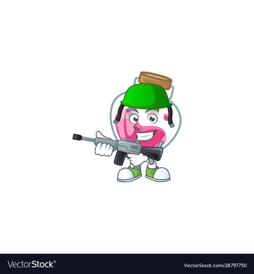 Pink potion carton character in an army uniform