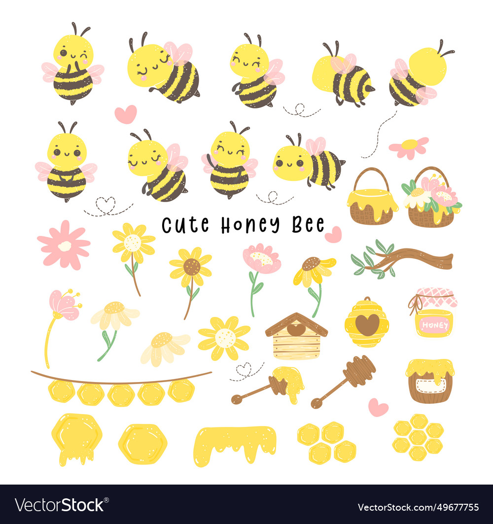 Cute bee baby with honey and flowers cartoon Vector Image