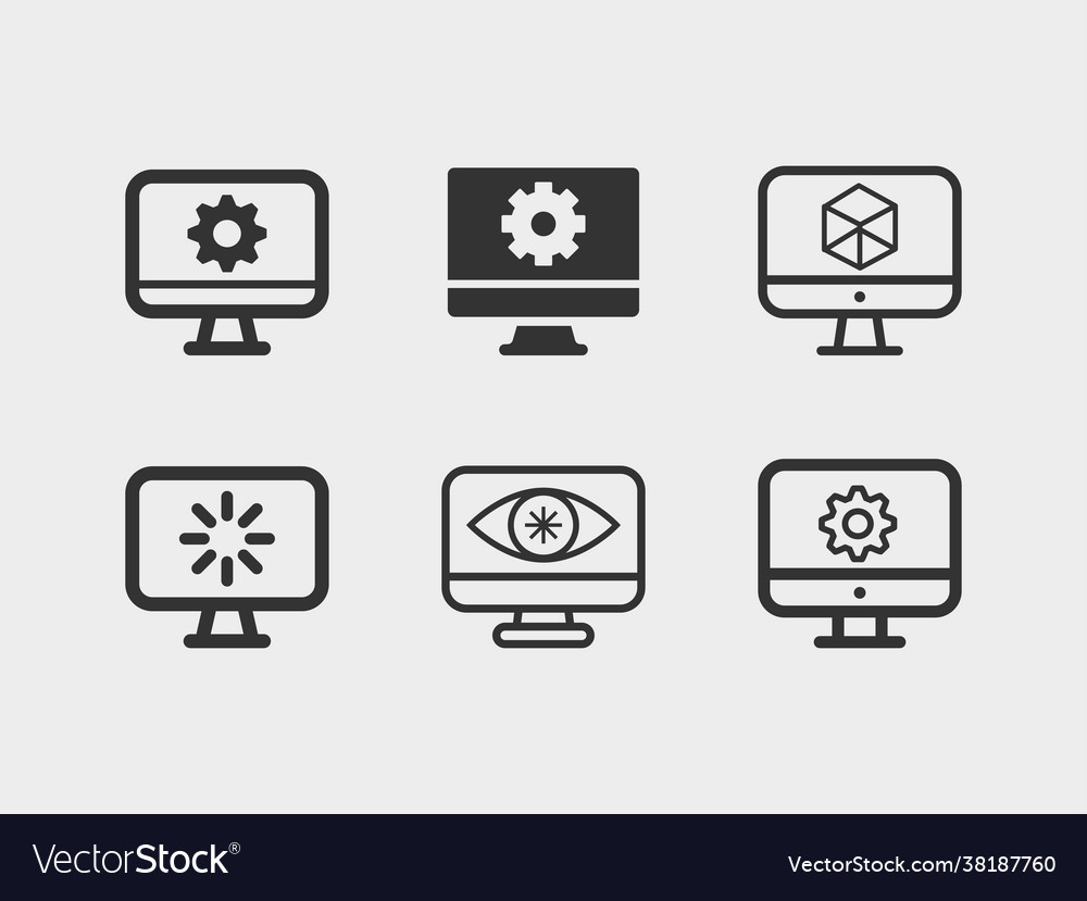 Computer monitor screen line icon set