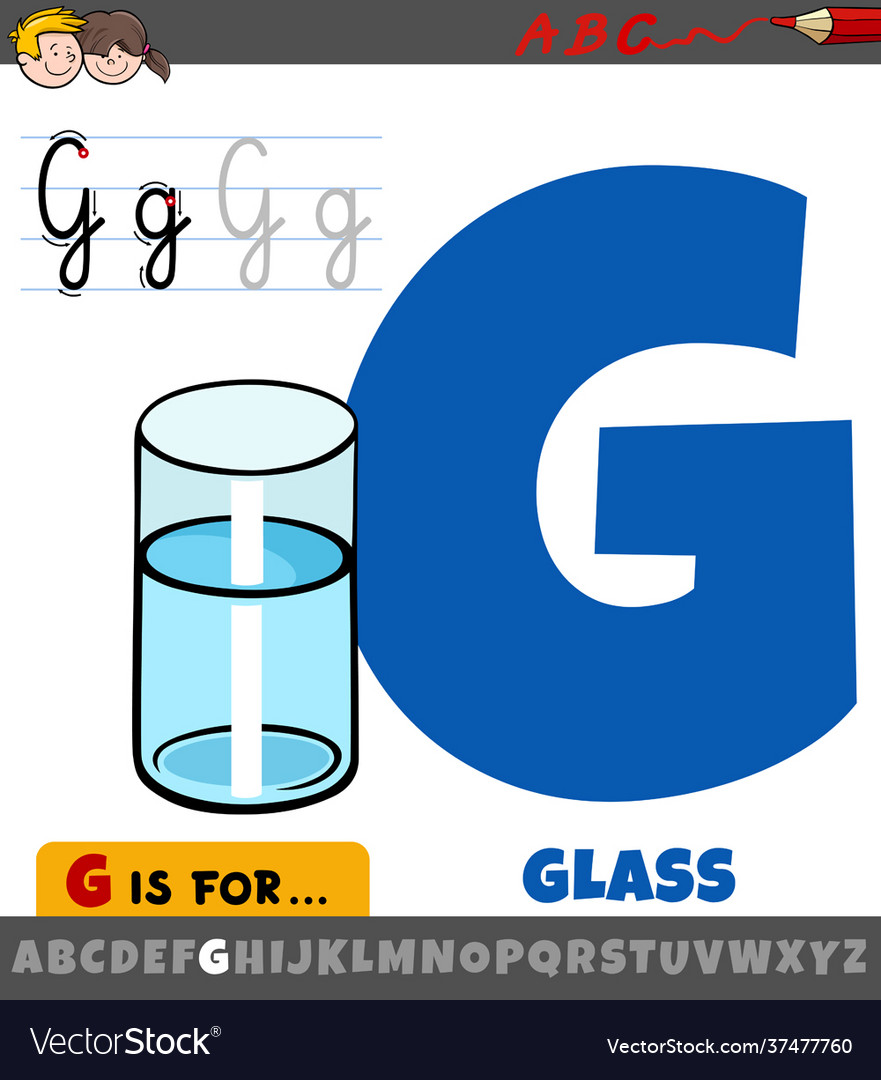 Letter g from alphabet with cartoon glass water vector image Letter g from alphabet with cartoon glass water