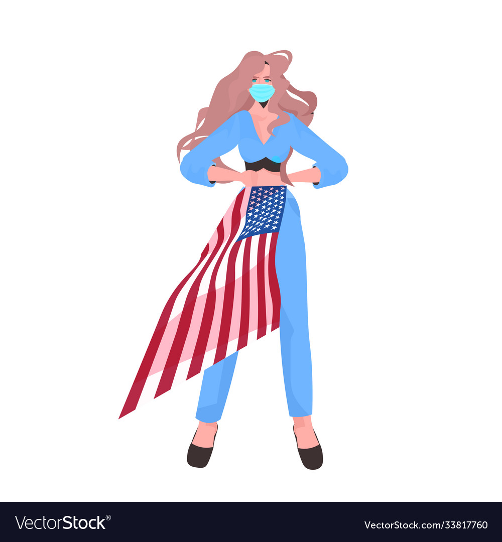 Woman in mask holding usa flag labor day