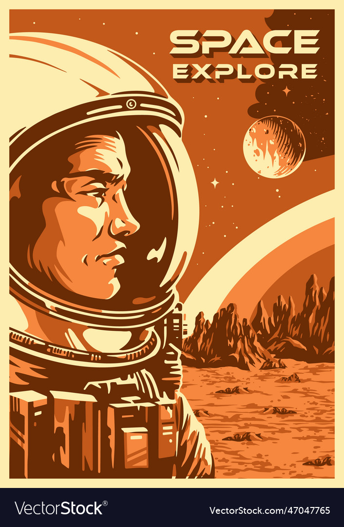 Guy astronaut vintage flyer monochrome Royalty Free Vector