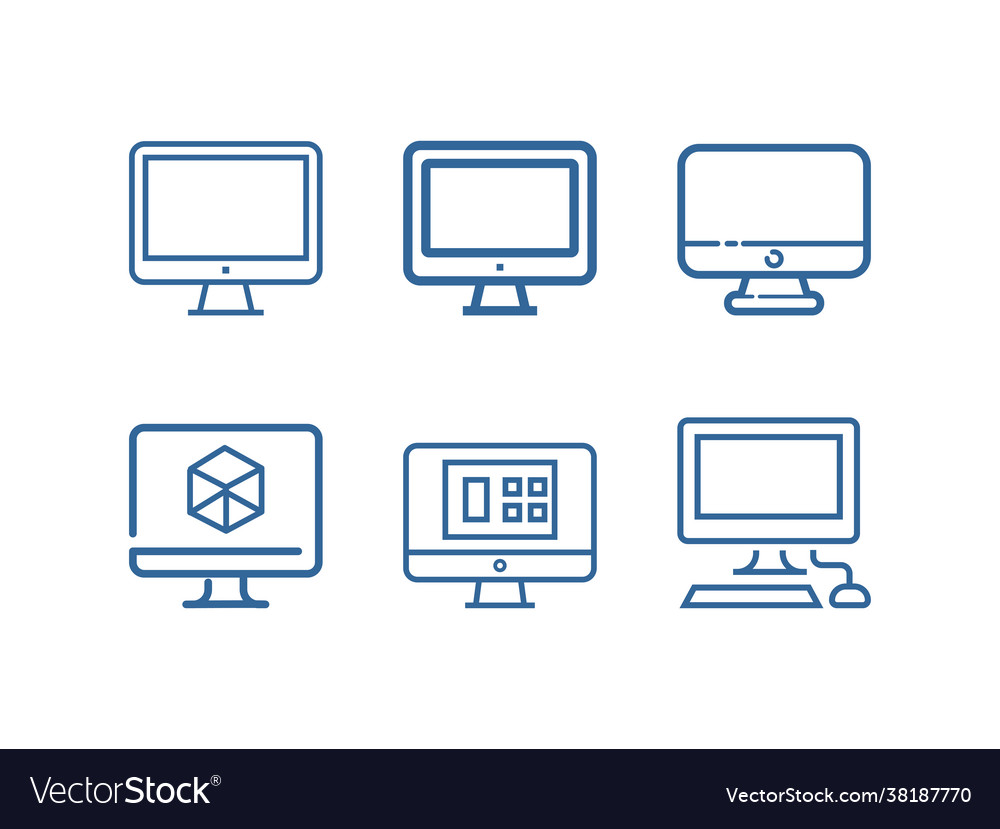 Computer monitor screen line icon set