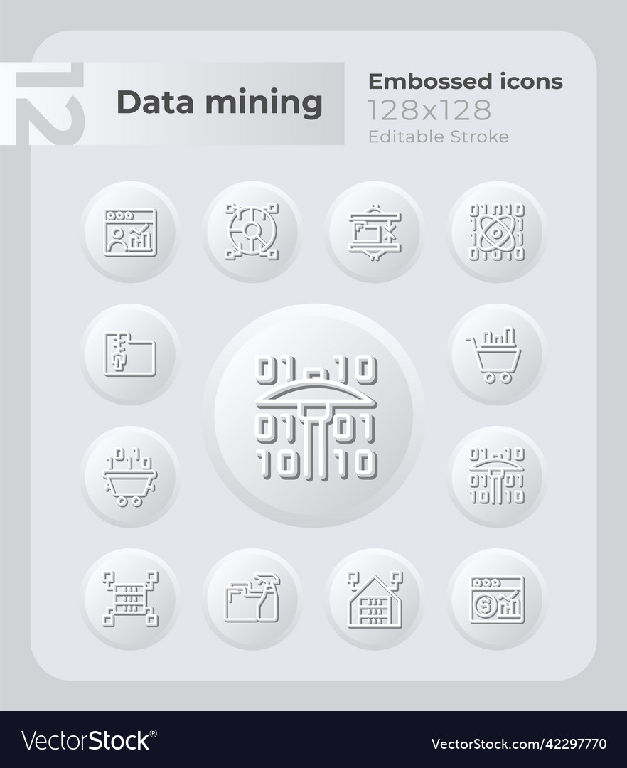 Data mining techniques embossed icons set Vector Image Data mining techniques embossed icons set