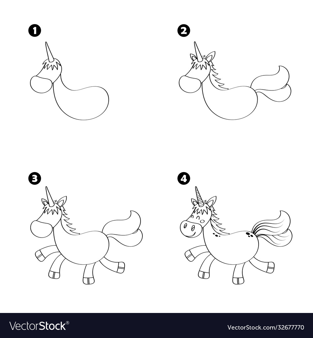 Four steps to draw cartoon unicorn isolated Vector Image